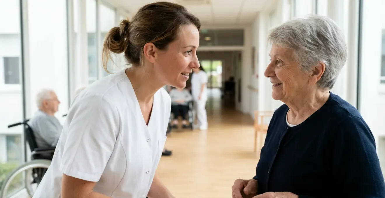Infirmière en EHPAD échangeant avec une résidente âgée dans un couloir lumineux