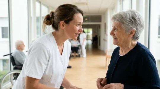 Infirmière en EHPAD échangeant avec une résidente âgée dans un couloir lumineux