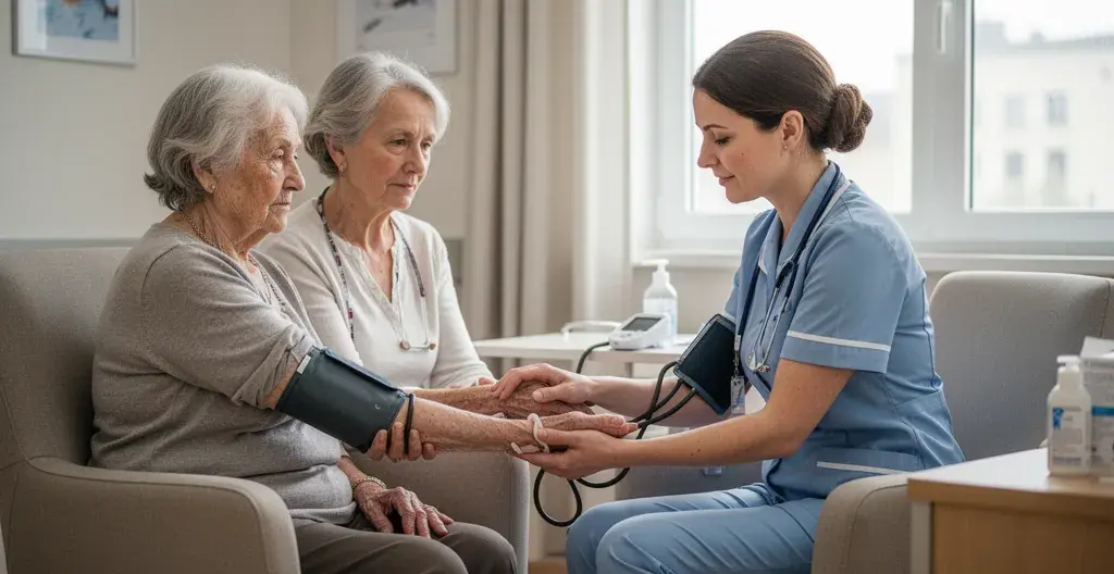 Infirmière vérifiant les constantes vitales d'un résident en EHPAD