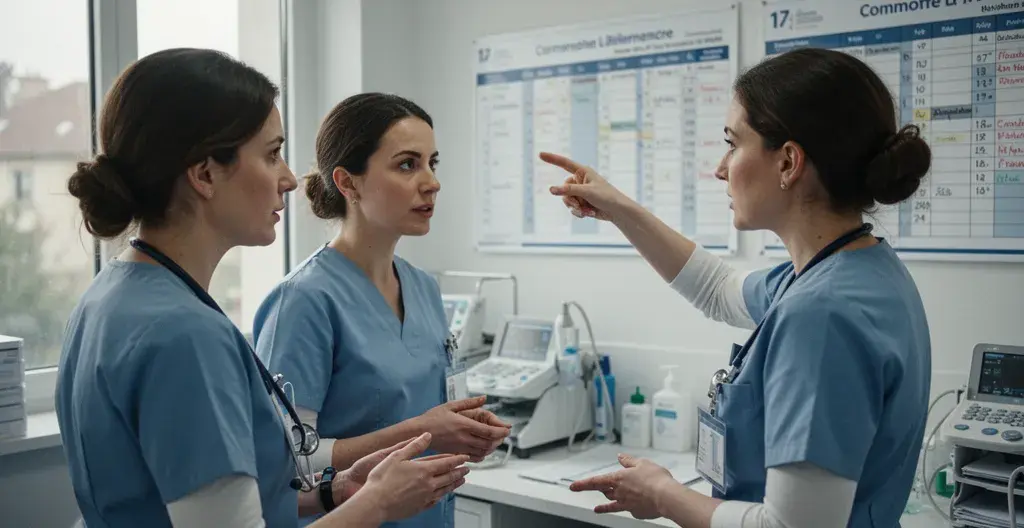 Deux infirmières en EHPAD échangeant lors des transmissions dans le bureau de soins